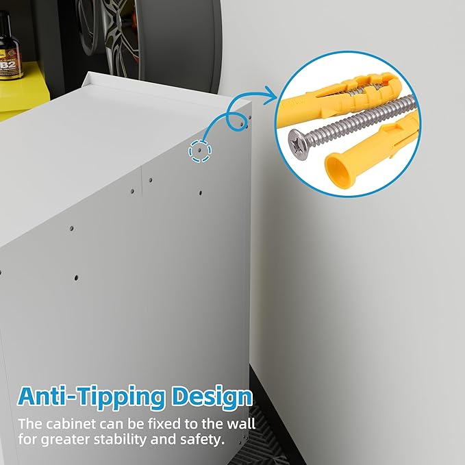 SUXXAN Metal Storage Cabinet with 2 Doors and 4 Hooks,34" H Top Workbench Mobile Tool Chests Garage Cabinets with 4 Wheels and Lock/Push Arm for Home,Office,Shop(White)