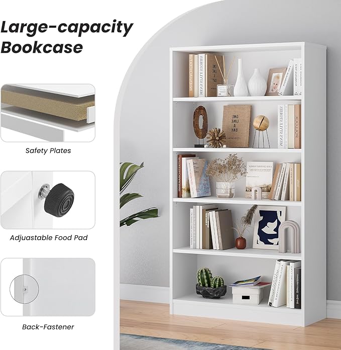 Farini 60 Inch Tall Bookcase,5 Shelf Bookshelves,Adjustable Bookshelf for Home Office,White