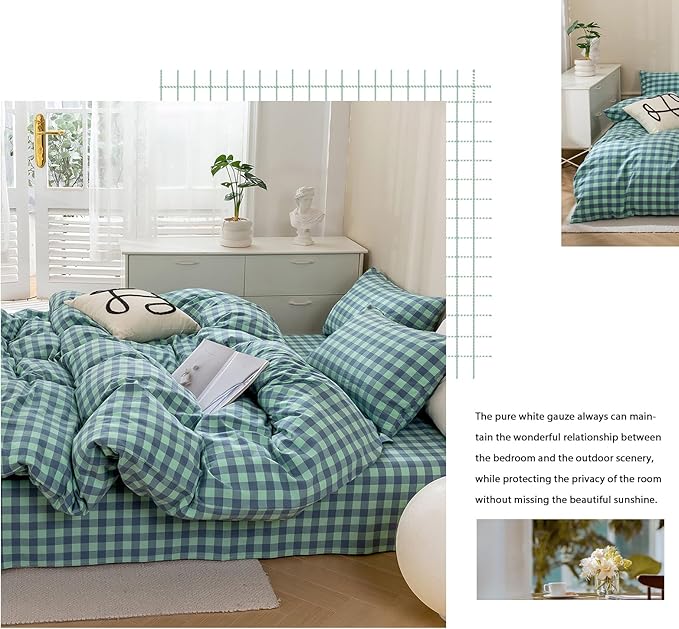 VM VOUGEMARKET 3 Pieces Plaid Duvet Cover Set King Washed Cotton Green Blue Checkered Printed Comforter Cover with Zipper Soft Lightweight & Breathable Quilt Cover Set King
