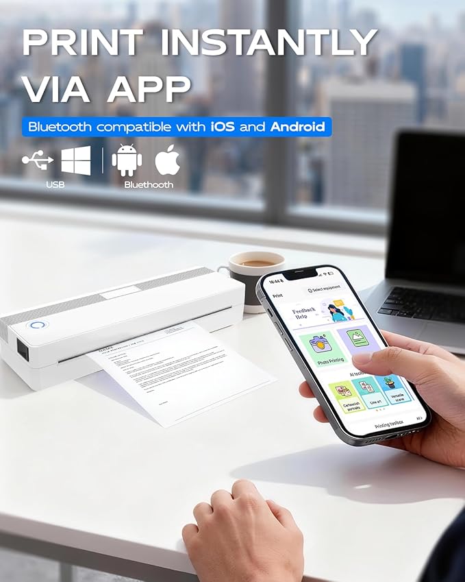 Bluetooth Portable Thermal Printer for Phone & Laptop, Inkless Travel Printer Support 3”/4”/8” Roll Paper, Small Mobile Printers for A4 Documents, Contracts, Receipts(Includes 2 Rolls Paper)