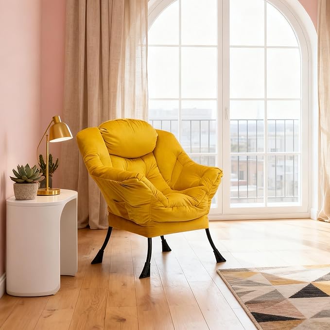 HollyHOME Lazy Chair with Armrest and Side Pocket, Comfy Accent Lounge Chair,Leisure Sofa Armchair for Living Room, Bedroom, Dorm, or Small Spaces, Oversized Reading Sofa Chair,Velvet Yellow