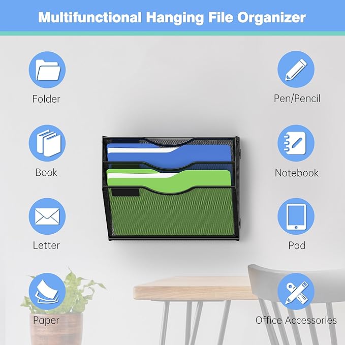 Kuntine.B Wall File Organizer (Black, 3 Tier & Hangers)