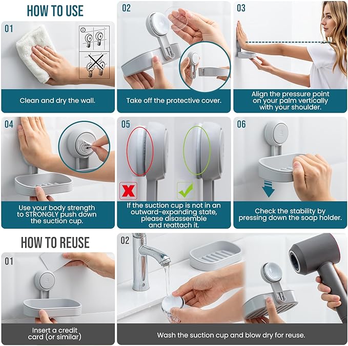 TAILI Soap Dish Bar Holder Suction Cup,Soap Saver with Powerful Vacuum Suction,Sponge Holder for Shower,Bathroom,Tub and Kitchen Sink, Universal Shower Accessories,Drill-Free,Removable,Grey