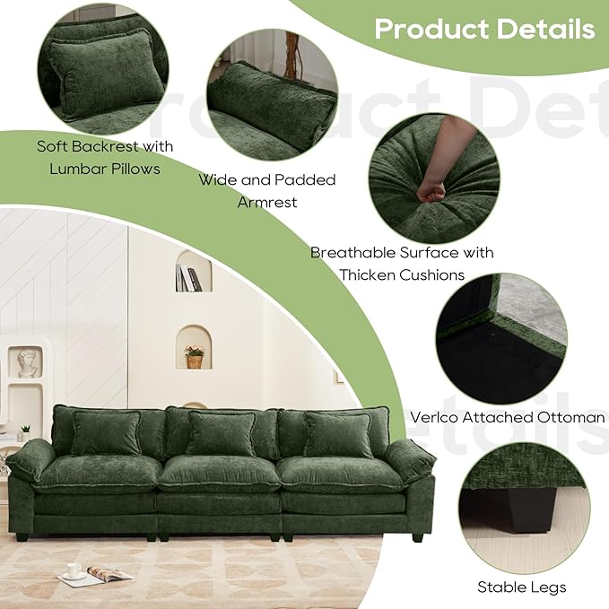 120" Modular Sectional Sofa, Comfy Cloud Couch Sectional, Chenille Sofa Sleeper Deep Seat Sofa with Throw Pillows for Living Room (Green, 120"- 3 Seater)