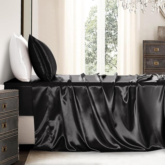 Satin Sheets Twin Size - 3 Pieces Luxury Silky Soft Bed Sheets for Kids, Wrinkle-Free Black Satin Silk Sheet Set with 1 Deep Pocket Fitted Sheet, 1 Flat Sheet, 1 Pillow case