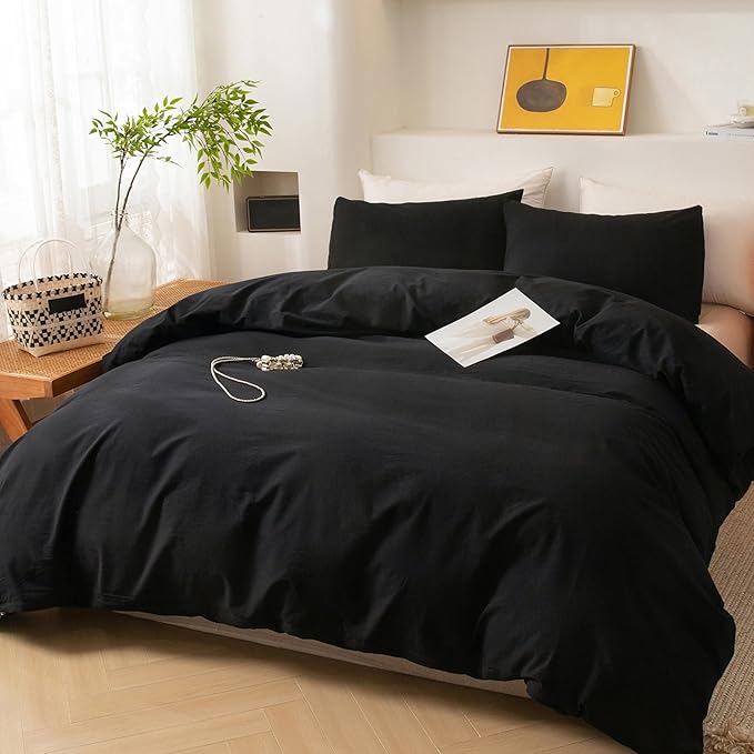 ECOCOTT 3 Pieces Duvet Cover Queen Size 100% Washed Cotton 1 Duvet Cover with Zipper and 2 Pillowcases, Ultra Soft and Easy Care Breathable Cozy Simple Style Bedding Set (Black,Queen)