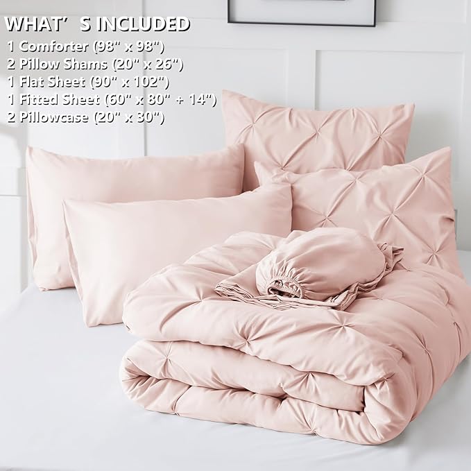 CozyLux Oversized Queen Comforter Sets Blush Pink, 7 Pieces Oversized Queen Pintuck Bed in A Bag, Pinch Pleat Bedding Sets with All Season Comforter, Flat Sheet, Fitted Sheet, Pillowcases & Shams