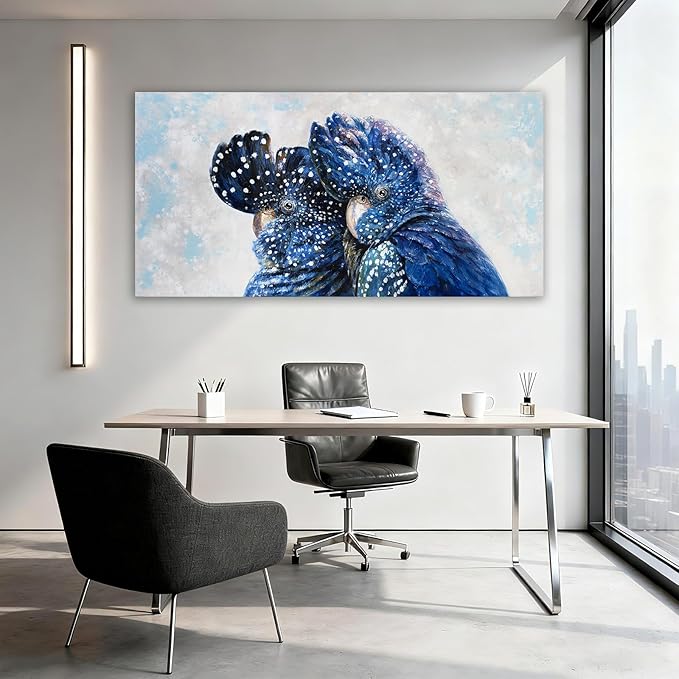 YETHEN WAL Blue Parrot Wall Art, Extra-Large Blue Bird Canvas Print, Cobalt Textured Animal Artwork for Living Room Bedroom Hallway, 24×48 Inch