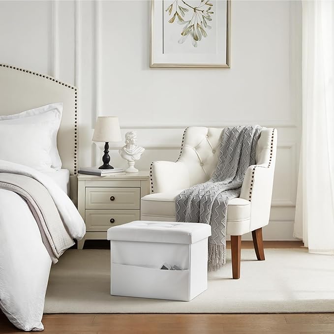 Storage Ottoman Foot Rest Stool, Small Leather Storage Ottomans Bench, Folding Footstool with Side Pockets, Foot Rest Under Desk for Living Room Bedroom, 16x12x12 in, White