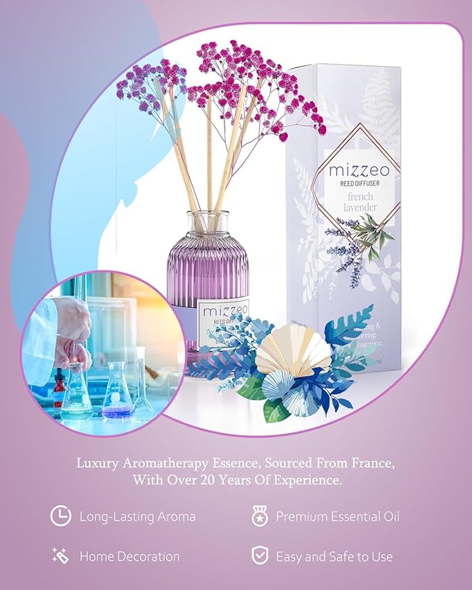 MIZZEO Reed Diffuser Set, French Lavender 6.76 fl oz Highly Scented Room Diffuser Home Fragrance Essential Oil Reed Flower Diffuser, House Bedroom Office Decor & Gifts