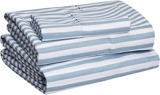 Amazon Basics Lightweight Super Soft Easy Care Microfiber 3 Piece Bed Sheet Set with 14-inch Deep Pockets - Twin, Dusty Blue Pinstripe,Printed (Pack of 4)