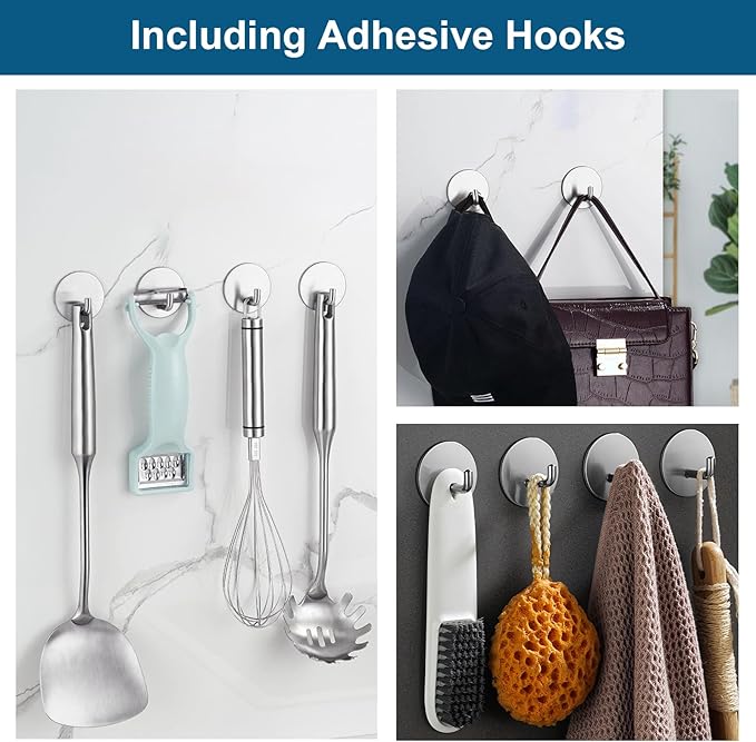 Diesisa Razor Holder for Shower + Adhesive Wall Hooks, Premium 304 Stainless Steel Shower Razor Holder with Heavy Duty Waterproof Sticky Hooks for Hanging Towels, Coat, hat (2+2 Pack)