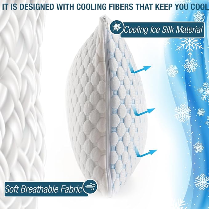 alkamto Cooling Shredded Memory Foam Pillow – Adjustable Gel for Personalized Support – Double-Sided Ice Silk & Soft Rayon – Lightweight, Compressible (White) (Queen)