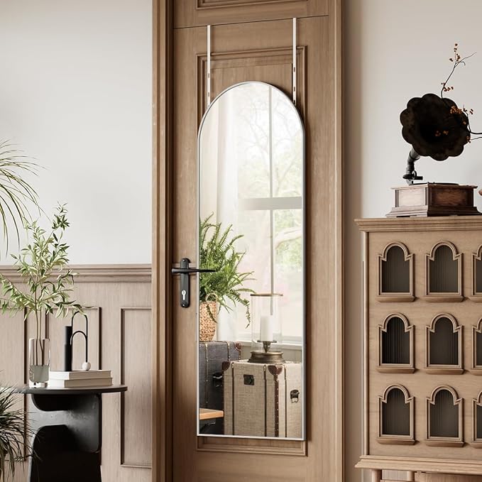 BEAUTYPEAK 14" x 48" Adjustable Height Over The Door Mirror, Arch Full Length Hanging Door Mirror with Shatterproof Tempered Glass Aluminum Alloy Frame for Bedroom, Living Room, Bathroom, Dorm, Silver