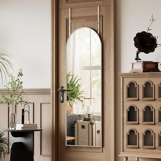 BEAUTYPEAK 14" x 48" Adjustable Height Over The Door Mirror, Arch Full Length Hanging Door Mirror with Shatterproof Tempered Glass Aluminum Alloy Frame for Bedroom, Living Room, Bathroom, Dorm, Silver