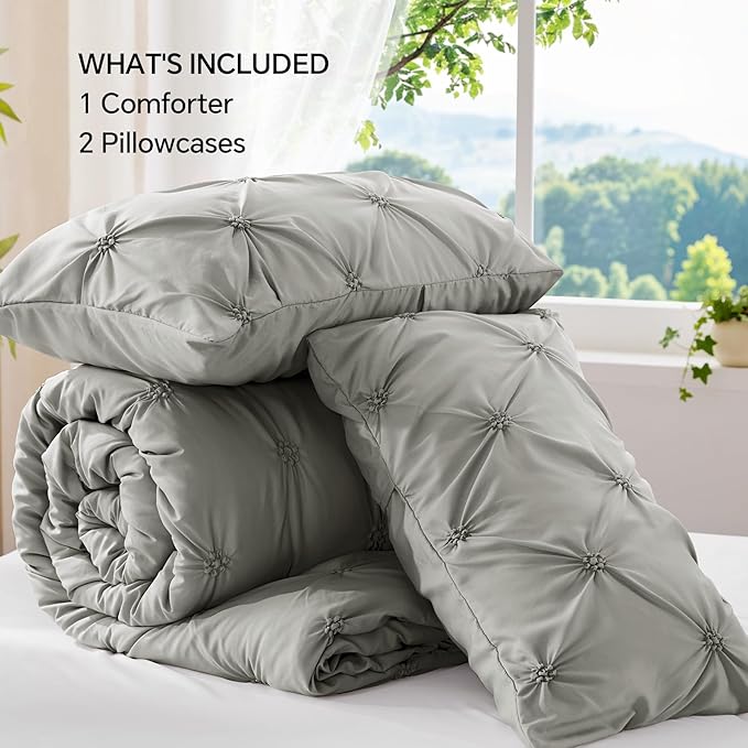 BEDELITE Grey Twin Comforter Set - 2 Peices Boho Pintuck Bedding Comforter Sets, Lightweight Soft & Warm Twin Bedding Sets with 1 Pillowcase for All Season