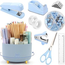 SKYDUE Desk Organizers and Accessories 10Pcs, 360-Degree Rotating Pen Holder, Stapler, Staple Remover, Tape Dispenser,2pcs Tape Refills, Binder Paper Clips Kit, Scissor (Blue)
