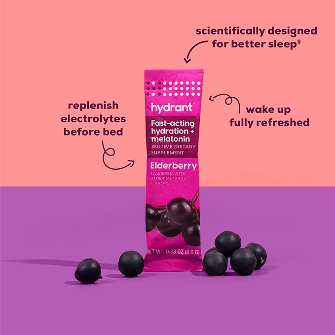 Hydrant - Sleep Electrolyte Powder, Elderberry Flavor, 30 Rapid Hydration Individual Stick Packs - Sleep Blend of Melatonin, L-Theanine, Magnesium, & Chamomile