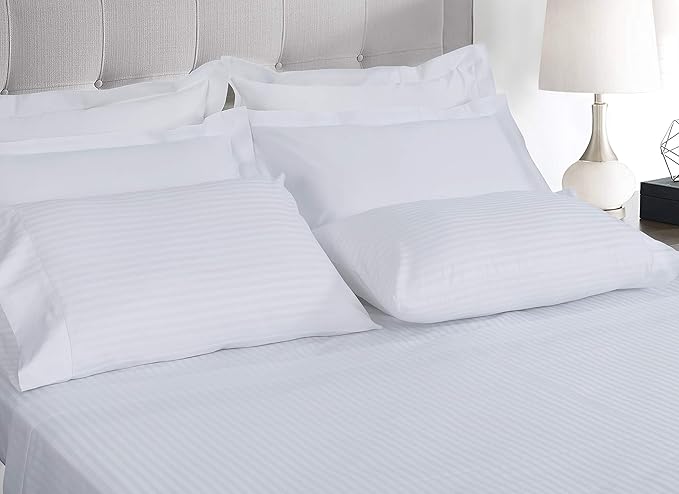 Threadmill 100% Cotton Sheets for King Size Bed - 600 Thread Count King Bed Sheets Set with 16” Deep Pocket - Damask Stripe Sateen Weave 4-Piece Bedding Set with Cooling Effect, White