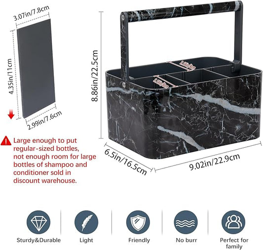 Plastic Shower Caddy Dorm: Portable Bathroom Caddy Organizer for College with Handle and Adjustable Divider, Utility Hard Shower Basket Bath Tote for Toiletry, Shampoo, Soap (Black Marble)