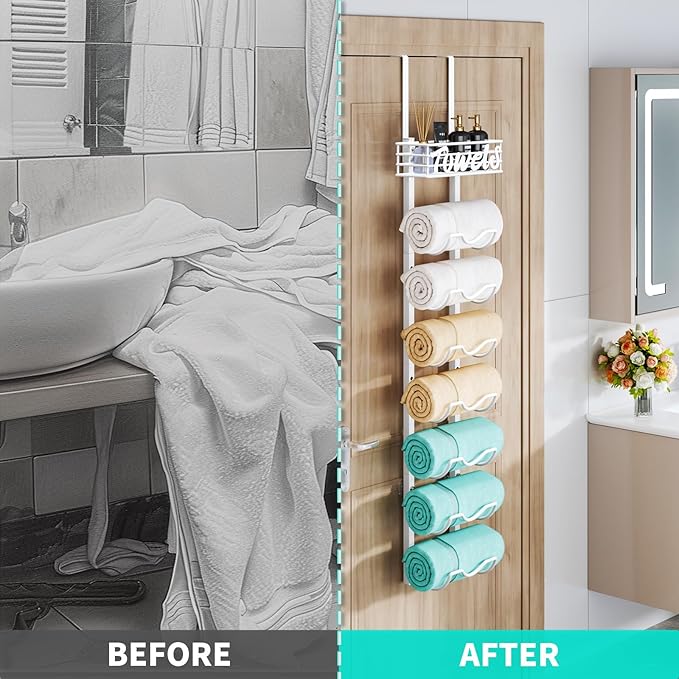 HapiRm Over The Door Towel Rack - 8 Tier Wall Mount Rolled Towel Holder Storage Organizer Shelf with Storage Basket for Small Bathroom, Rv, Camper - White