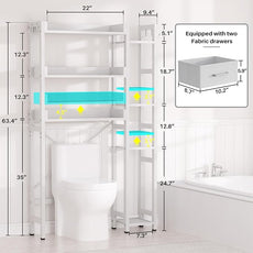 Over The Toilet Storage with 2 Drawers - 7 Tier Bathroom Organizer with Adjustable Shelf, Freestanding Space Saver Storage Rack Above Toilet Stand with 4 Hooks for Restroom, Laundry, White
