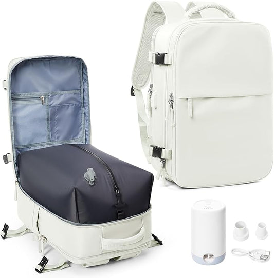 suwasp Vacuum Compression Backpack, 45L Expandable Travel Backpack with Electric Vacpack Pump, Travel Vacuum Bags with Shoe Compartment/17inch Laptop Compartment/USB Port, White