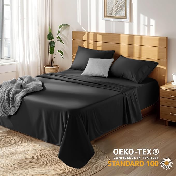 LBRO2M 100% Cotton Sheets Set Deep Pocket 19", 1000 Thread Count California Size 4 Piece Bed Sheet Sets Soft Comfortable Bedding All Season (King, Black)