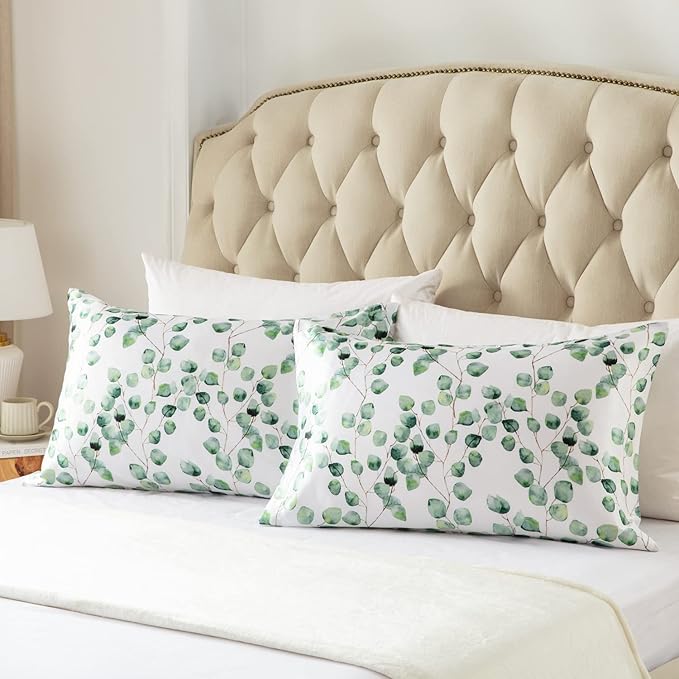 EXQ Home Satin Pillowcase Silky Satin Pillowcase for Hair and Skin,Soft Cooling Printed Pillow Cases Queen Size Set of 2 Satin Pillow Case with Envelope Closure Ink Leaf