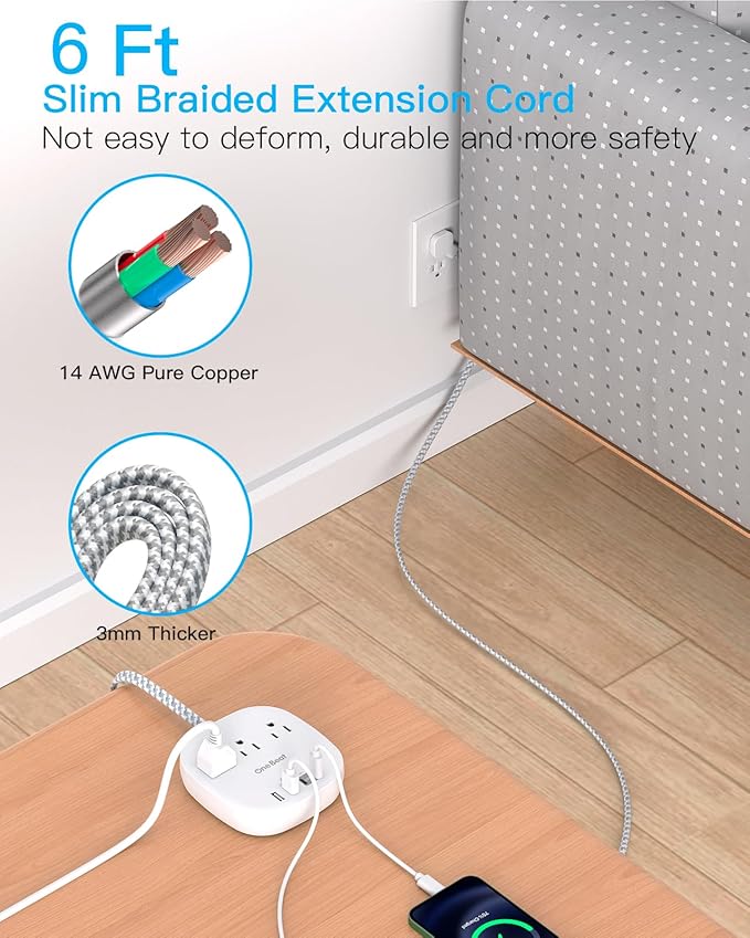 Flat Plug Power Strip, 6ft Flat Extension Cord - 3 Outlets 4 USB Ports (2 USB C) 22.5W/4.5A Desktop Charging Station, Power Strip with Surge Protection for College Dorm Room Travel Essentials