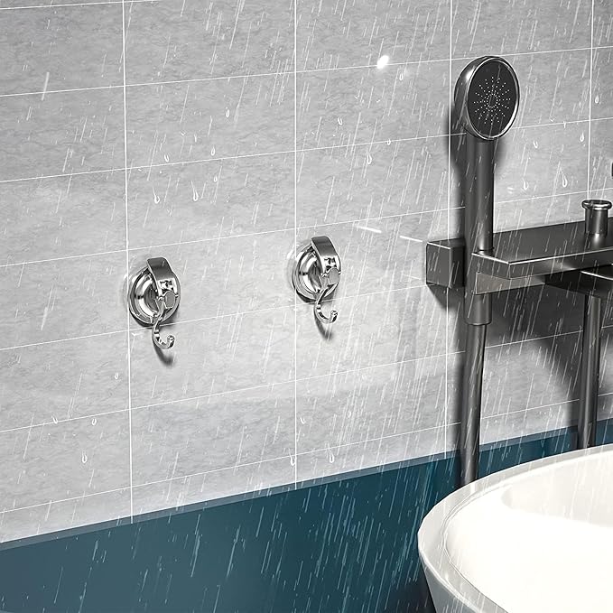 Heavy Duty Vacuum Suction Cup Hooks, Silver Plated Polished Super Suction for Kitchen Bathroom, 2 Pack