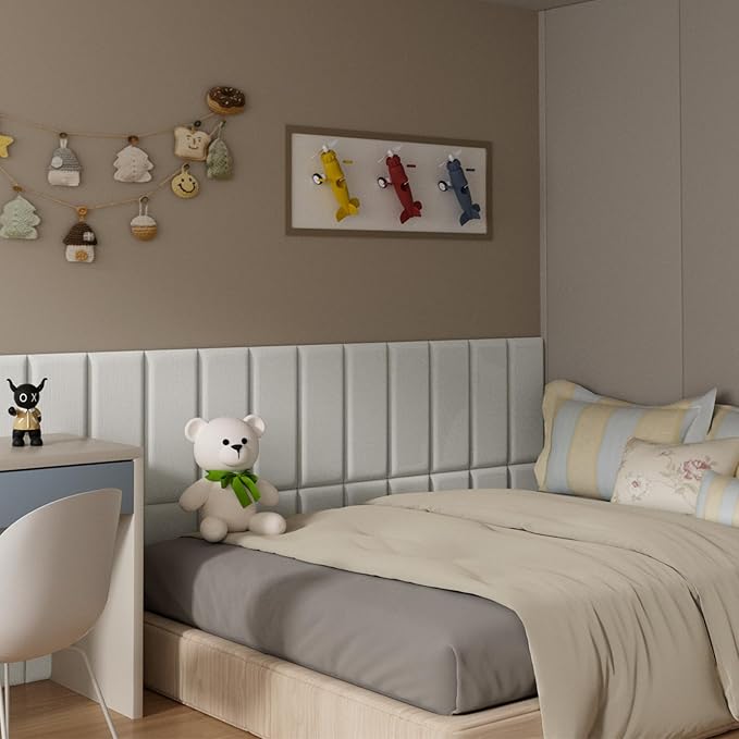 Upholstered Wall Mounted Headboard, Acoustic Panel, Peel and Stick Wall Padding, Beige Dorm Towel Fabric, 6-Pack