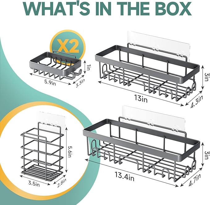 Veken Adhesive Shower Caddy 5-Pack,Heavy Weight Bearing,Large Wall Mounted Shower Shelves Rack,Organizer Storage Accessories with Soap Dish&Toothbrush Holder,Ideal for Bathroom,Home&Kitchen,Light Grey