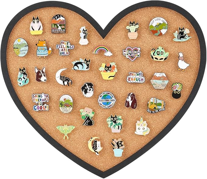 BENECREAT Pin Board Heart Cork Board Bulletin Display Board, 0.6inch Thick Wall Mounted Cork Board for Brooch Pin Storage, Office Home Festival Valentine's Decor, 11.8x10.2inch