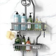 YASONIC Shower Caddy Hanging - Never Rust Organizer - Aluminum over The head caddy with 10 Hooks for Razor/Sponge - Shower Rack with Soap Basket - Grey