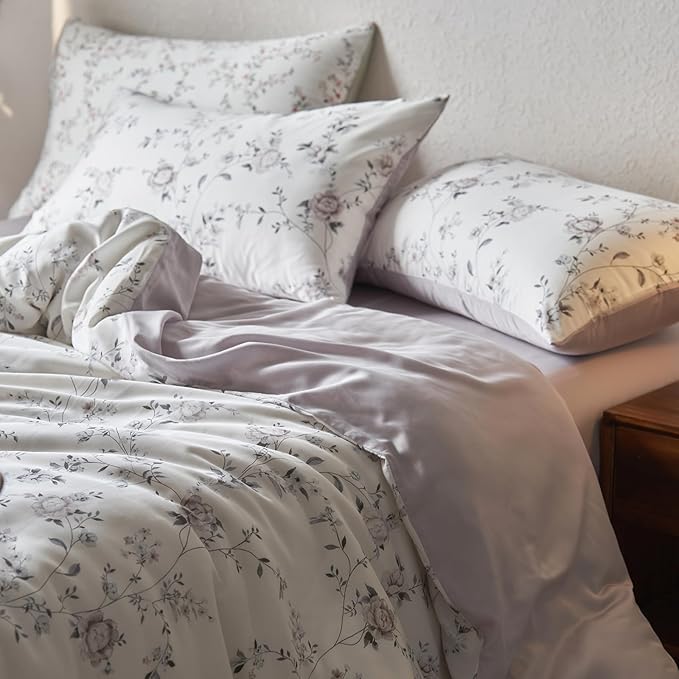 mixinni Elegant Floral Duvet Cover Set Full Size 3 Piece Soft Comfy Naturally Lyocell Vintage Style Purple Flower Leaves Bedding Set 1 Duvet Cover with 2 Pillowcases, Ultra-Breathable-Full Size