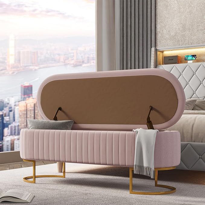 EcoHarbor Living 50.5" Storage Bench Hallway Ottoman,Upholstered End of Bed Bench Velvet with Gold Legs,Flipping Lid Entryway Footrest