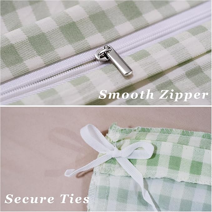 Green Plaid Duvet Cover Set Queen Size Checkered Grid Comforter Cover 100% Washed Cotton Bedding Set 3Pcs Ultra Soft Breathable Quilt Set Rustic Farmhouse Boho Cozy Bedroom Decor Gifts for Women Men