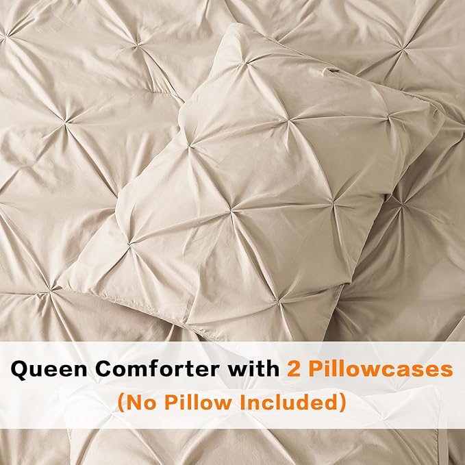 Andency Khaki Pinch Pleat Comforter Queen(90x90Inch), 3 Pieces(1 Pintuck Comforter and 2 Pillowcases) Pintuck Comforter Set, Microfiber All Season Down Alternative Bedding Set