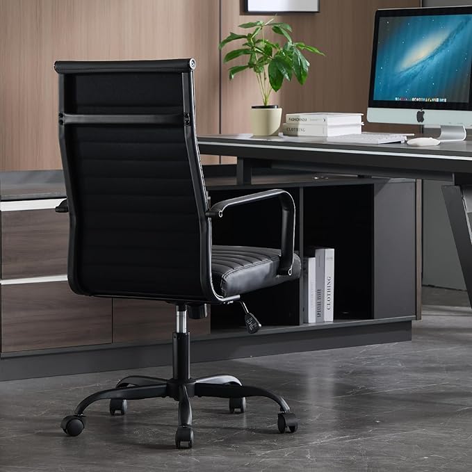 Conference Room Chairs, Ergonomic Executive Office Chair, Ribbed Leather Desk Chair with Lumbar Support, Adjustable Height Mid-Back Swivel Chair with Padded Seat