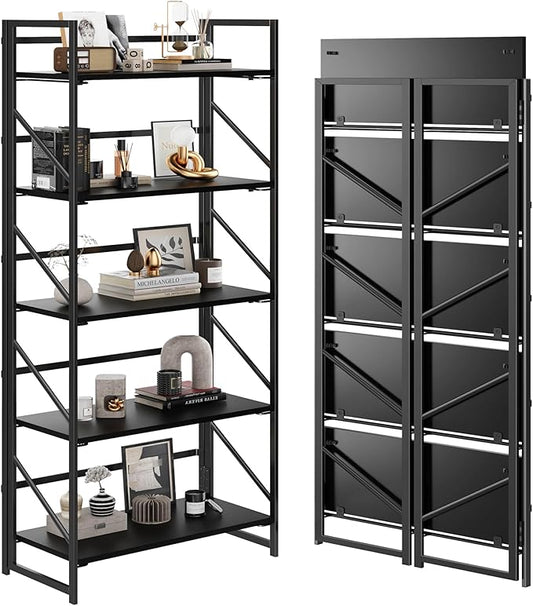 JSB No Assembly Folding Bookshelf, 5 Tier Industrial Metal Book Shelf for Storage, Vintage Wood Foldable Bookcase for Living Room, Bedroom, Office Organization Shelves
