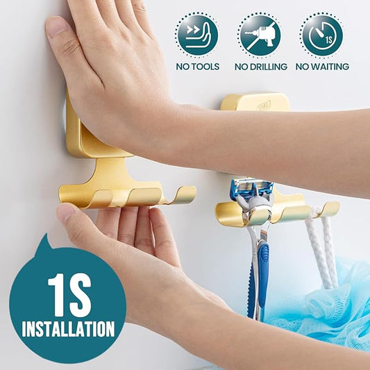 TAILI Powerful Suction Cup Razor Holder 2 Pack, Stylish 304 Stainless Steel Bathroom Suction Hooks for Towel, Loofah, Bathrobe, Shaver Holder for Shower Wall, Easy to Install and Reuse, Gold