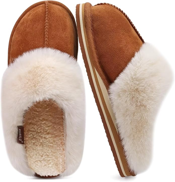 KuaiLu Womens Fluff Dual Memory Foam Slippers Ladies Cozy Arch Support Warm Scuff Slippers Slip on Comfy Winter House Shoes with Non-Slip Indoor Outdoor Hard Sole