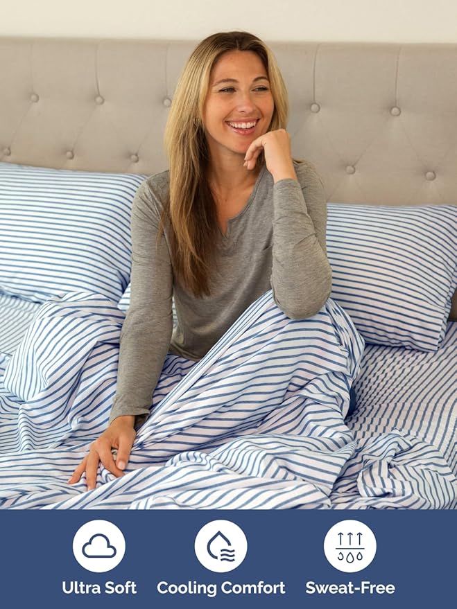 Extra Deep Pocket Full Sheets - 4 Piece Breathable & Cooling Bed Sheets - Hotel Luxury Bed Sheet Set - Soft, Wrinkle Free & Comfy - Easily Fits Extra Deep Mattresses - Deep Pocket Blue Striped Sheets