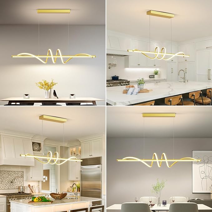 Modern LED Pendant Lights, 47in Gold Chandelier Dimmable with Remote Control 3000k-6000K Adjustable Color Temperature, Aluminum Island Lighting Lamp Fixture for Kitchen, Dining Room