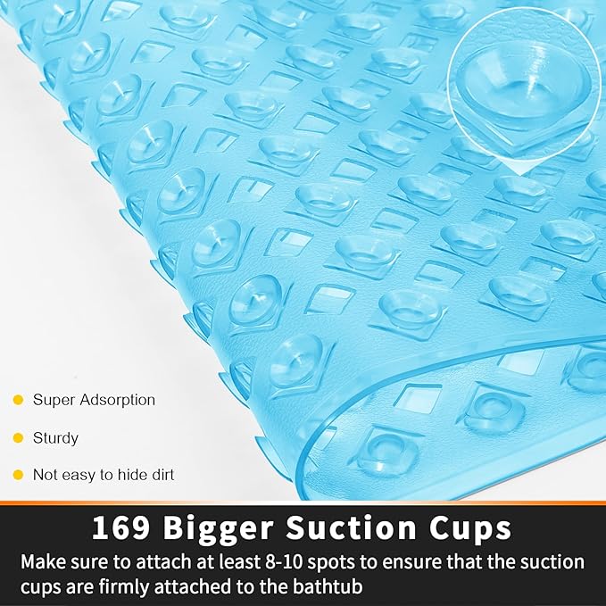 Yimobra Square Shower Mat Non Slip, Super Strong Suction Cups, 21"x21" Bath Tub Mat with Drain Holes, Machine Washable Fast Draining Bath Mats, Bathroom Essentials,Clear Blue