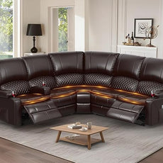 Home Theater Seating Reclining Sectional Sofa, 5 Seats Soft Leather Recliner Corner Sectional Couch, Recliner Couch with USB Charging, Thickened Padding, Sturdy Frame, Brown