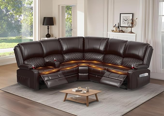 Home Theater Seating Reclining Sectional Sofa, 5 Seats Soft Leather Recliner Corner Sectional Couch, Recliner Couch with USB Charging, Thickened Padding, Sturdy Frame, Brown