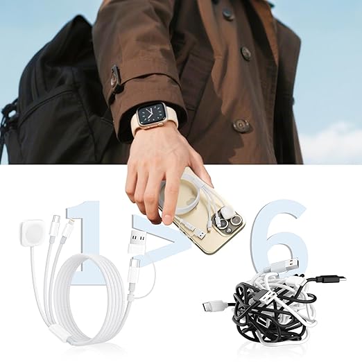 Travel Charger for Apple Watch, 3 in 2 Multi Charging Cable/Cord with Lightning/USB C/iWatch Charger, Travel Chargers for Multiple Devices, Compatible with iWatch Series/iPhone 17-8/iPad/AirPods 4FT