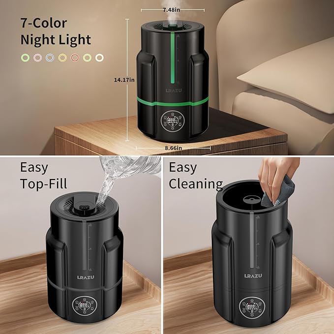 6L/1.6Gal Humidifiers for Bedroom, 60H Runtime 26 dB Quiet Supersized Cool Mist Air Humidifiers for Large Room, Baby Nursery, Plant, Indoor, Night Light, Easy to Clean, Precise Humidity Control